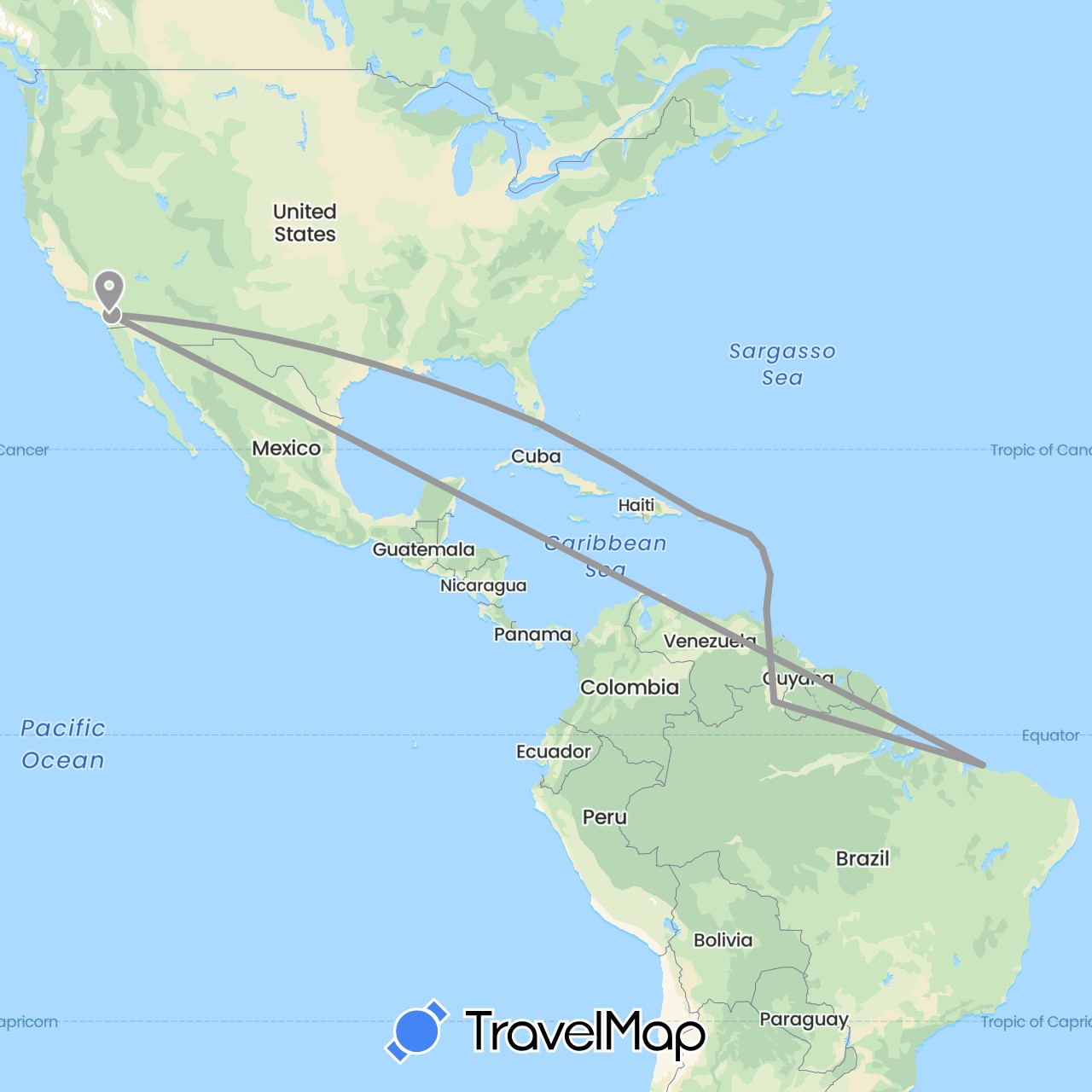 TravelMap itinerary: driving, plane in Brazil, Trinidad and Tobago, United States (North America, South America)