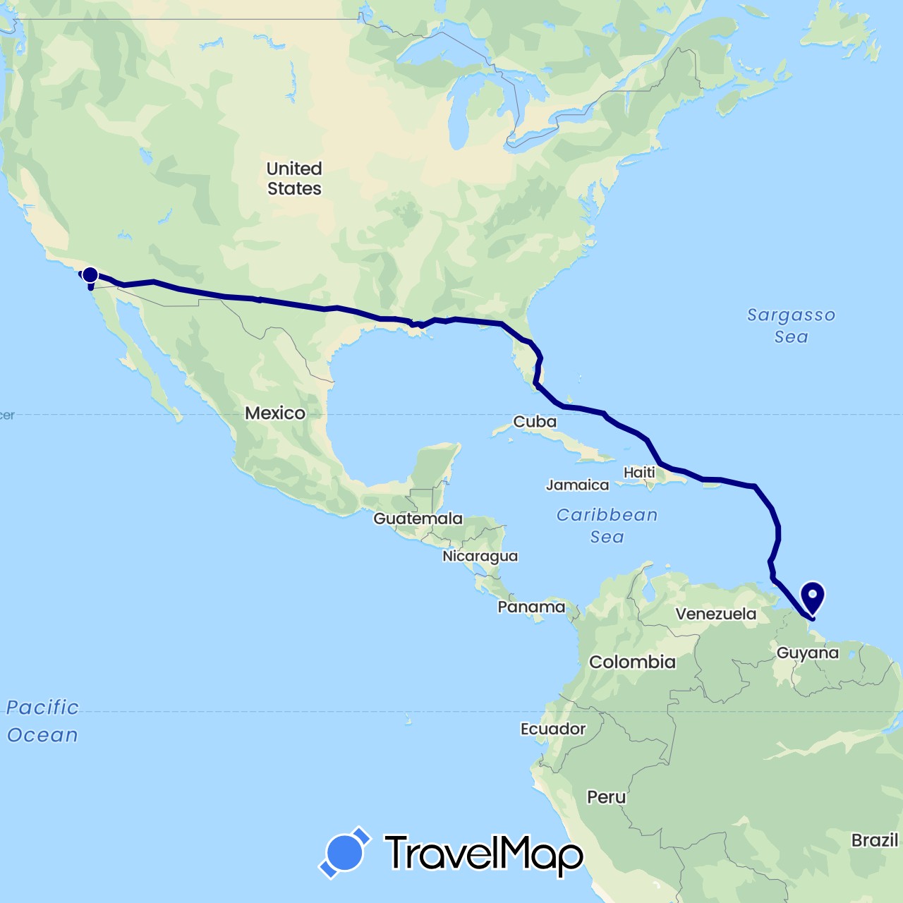TravelMap itinerary: driving in Bahamas, Dominican Republic, Netherlands, Trinidad and Tobago, United States (Europe, North America)